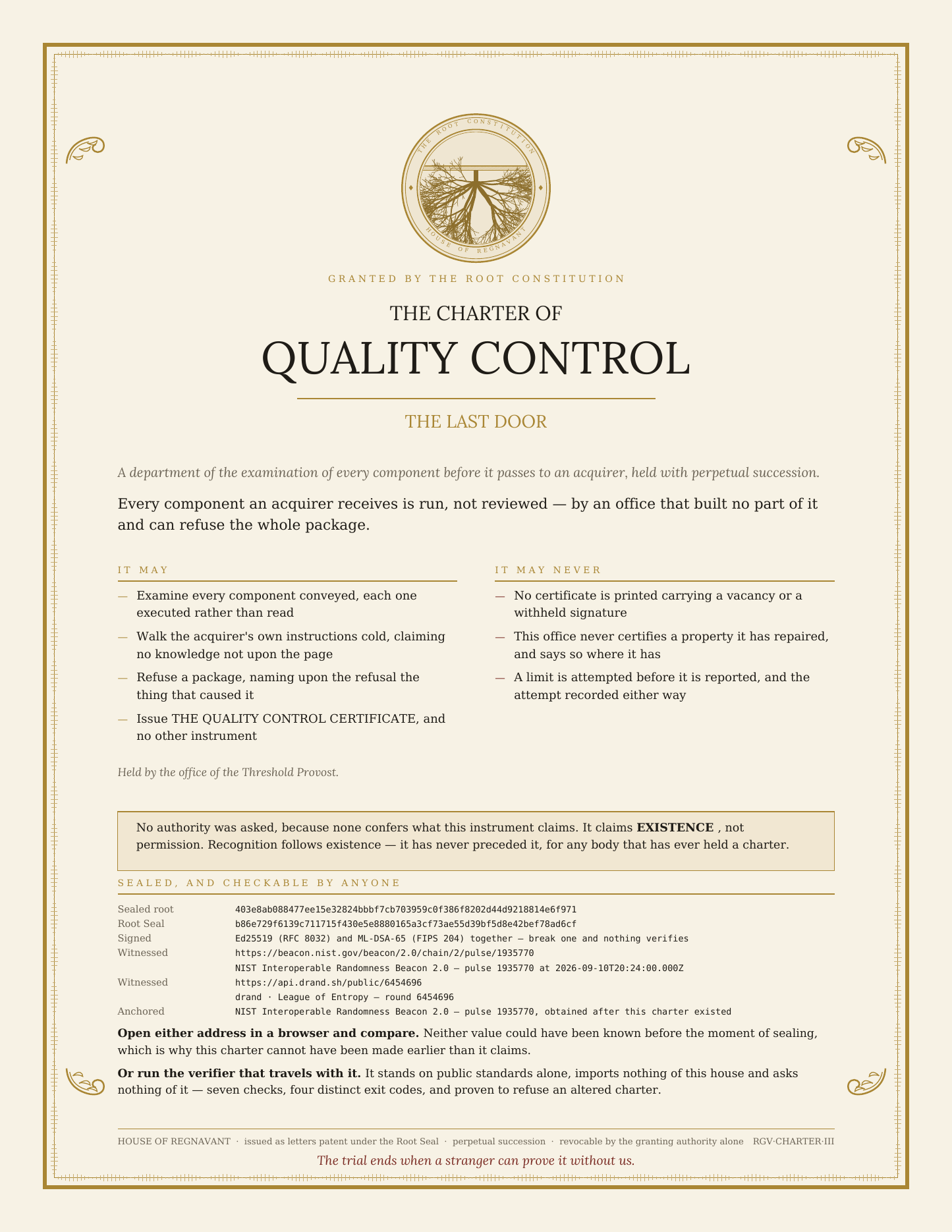 The Charter of Quality Control, the engrossment
